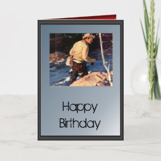 Carte Joyeux anniversaire - pêcheur au bord de la rivièr