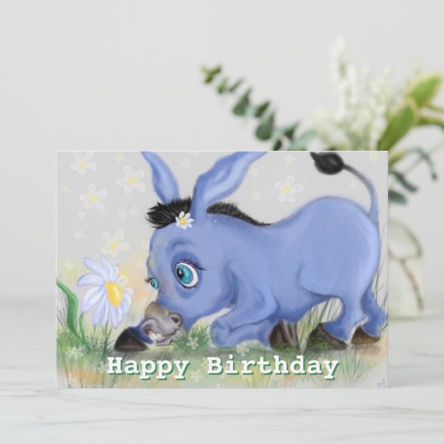 Carte Joyeux anniversaire - Petit âne et marguerite - Mi (Debout devant)