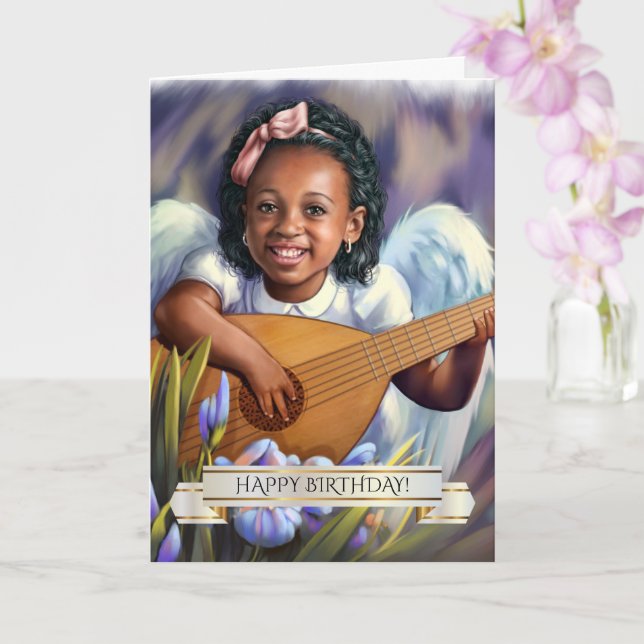 Carte Joyeux anniversaire. Petit ange afro-américain (Orchidée)