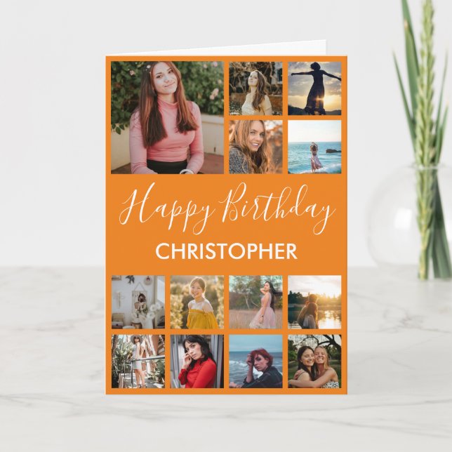 Carte Joyeux Anniversaire Photo Collage 13 Photos Orange (Devant)