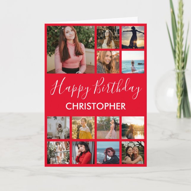 Carte Joyeux Anniversaire Photo Collage 13 Photos Rouge  (Devant)