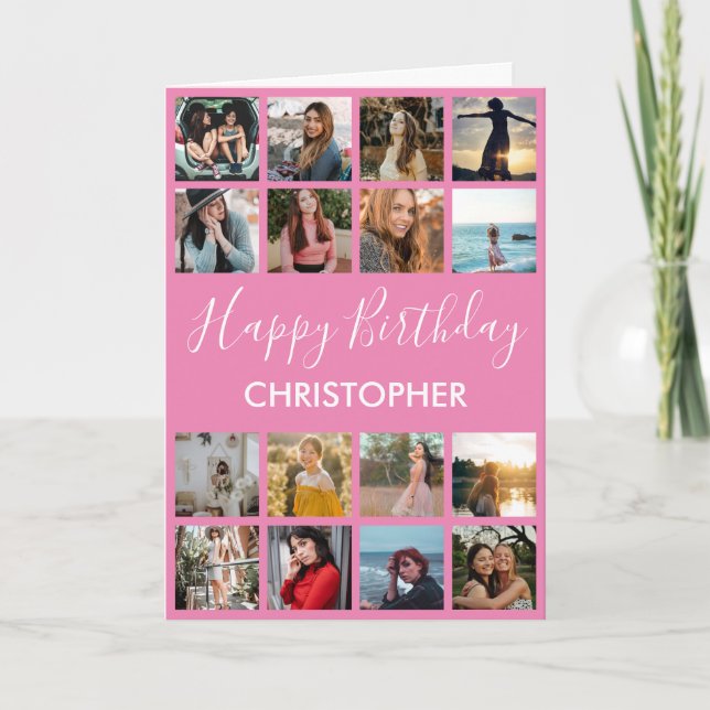 Carte Joyeux Anniversaire Photo Collage 16 Photos Rose (Devant)