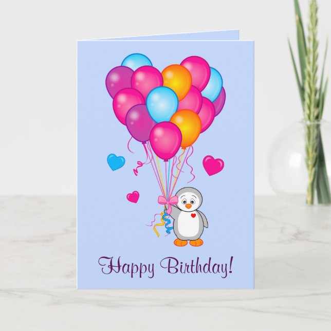 Carte Joyeux anniversaire : Pingouin aux ballons en form (Devant)