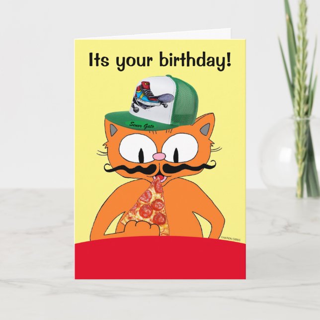 Carte Joyeux Anniversaire Pizza Party Cartoon Chat amusa (Devant)