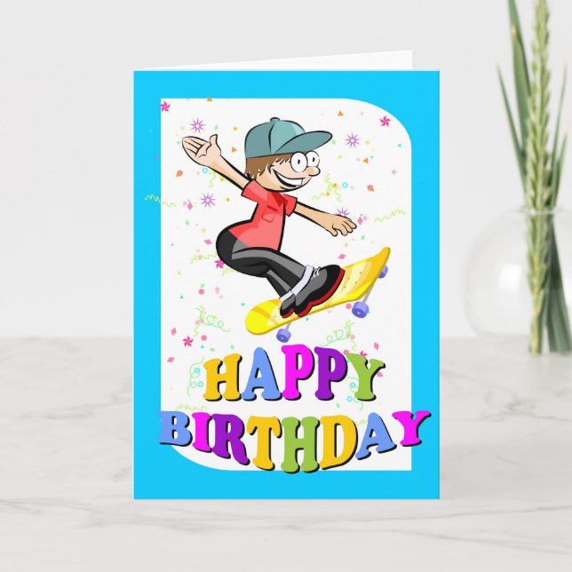 Carte Joyeux anniversaire, planchiste extrême (Devant)