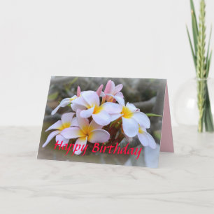 Carte Joyeux anniversaire Plumeria blanche et rose, rose