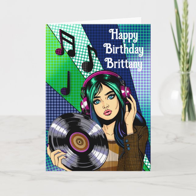 Carte Joyeux anniversaire | Pop Art Girl with Record (Devant)