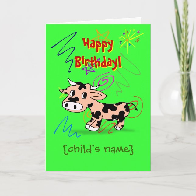 Carte Joyeux anniversaire pour enfant avec vache de dess (Devant)