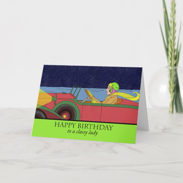 Carte Joyeux anniversaire pour Madame chique, voiture (Devant)