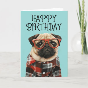 Carte Joyeux Anniversaire Pug Chemise à Carreaux