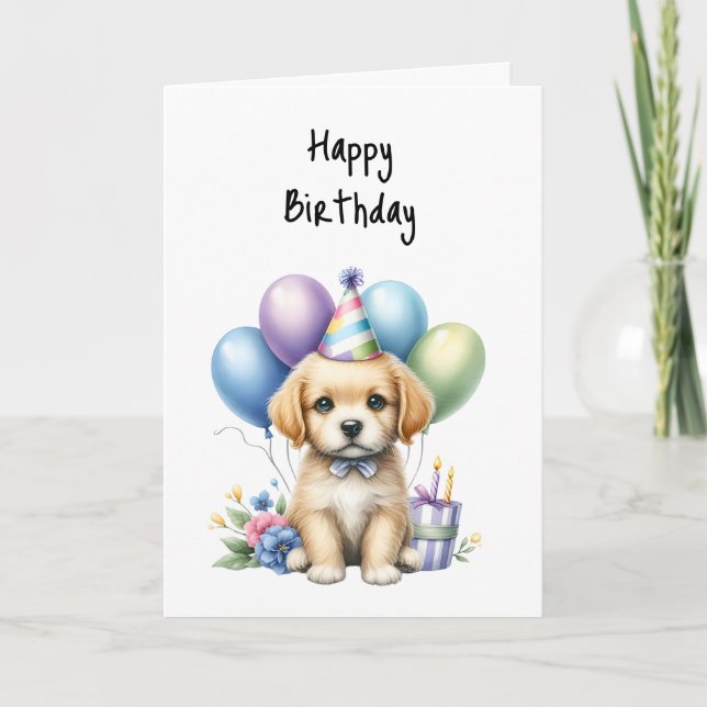 Carte Joyeux Anniversaire Puppy Woof Célébrer les ballon (Devant)