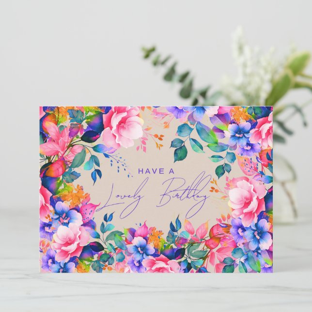 Carte Joyeux anniversaire Rainbow Garden Floral Champagn (Debout devant)