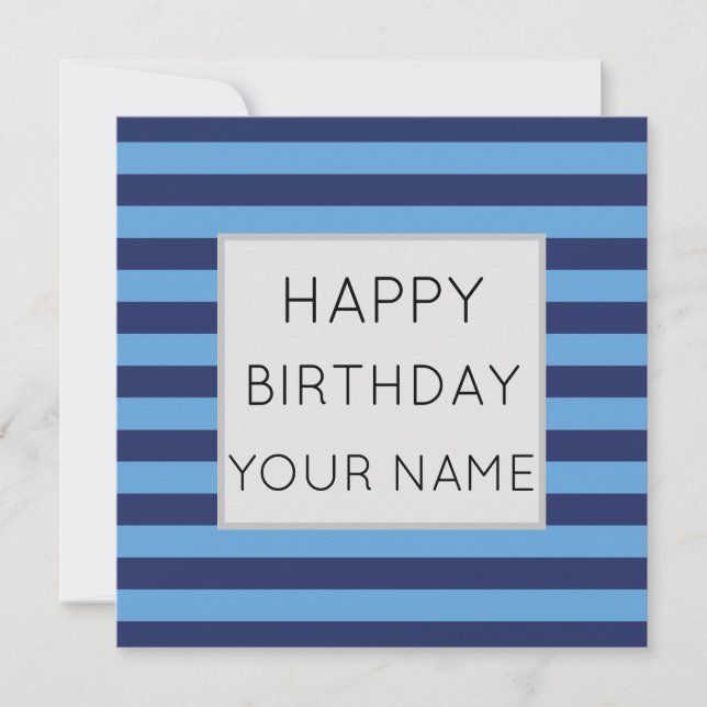 Carte Joyeux Anniversaire rayé bleu et bleu clair (Devant)