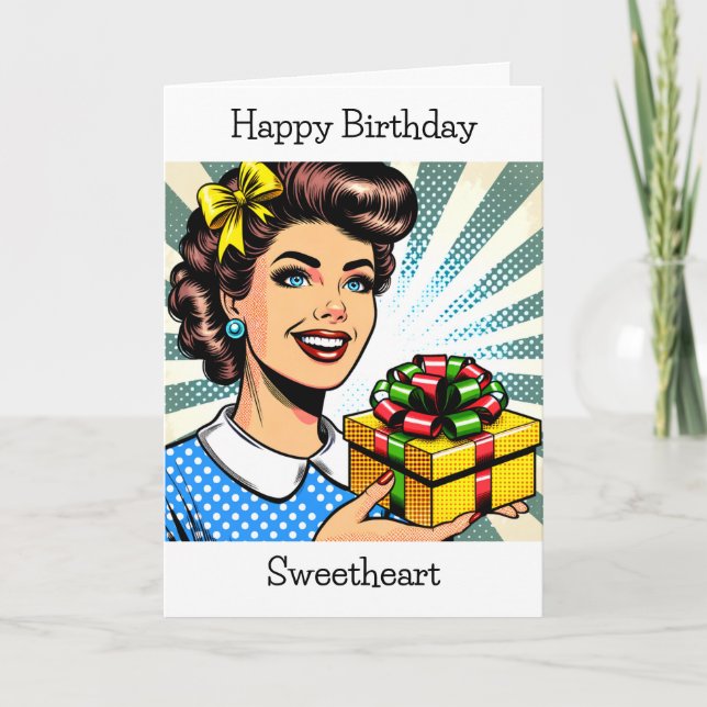 Carte Joyeux anniversaire | Retro Femme tenant un cadeau (Devant)