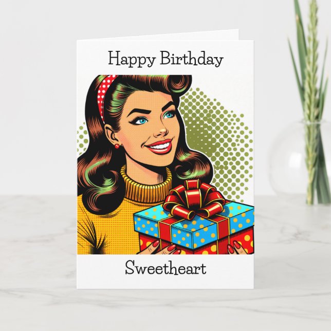 Carte Joyeux anniversaire | Retro Pop Art Femme tenant u (Devant)