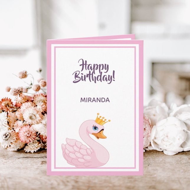 Carte Joyeux Anniversaire rose cygne princesse sur blanc (Créateur téléchargé)