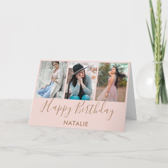 Carte Joyeux anniversaire rose et or 3 photo Collage (Devant)