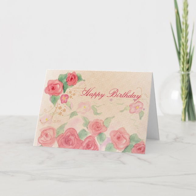 Carte Joyeux Anniversaire rose Victorien Rose Aquarelle  (Devant)