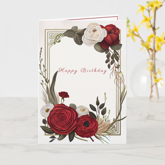 Carte Joyeux Anniversaire Rouge Blanc Roses (Fleur jaune)