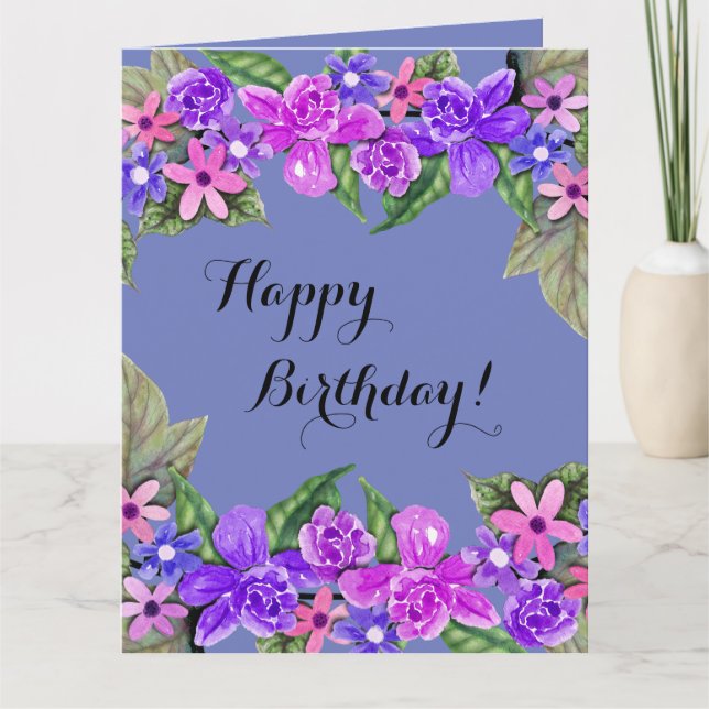 Carte Joyeux anniversaire ! Sacs floraux violets, grande (Devant)