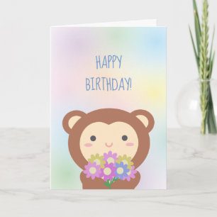 Carte Joyeux Anniversaire Singe Mignon Kawaii et Fleurs