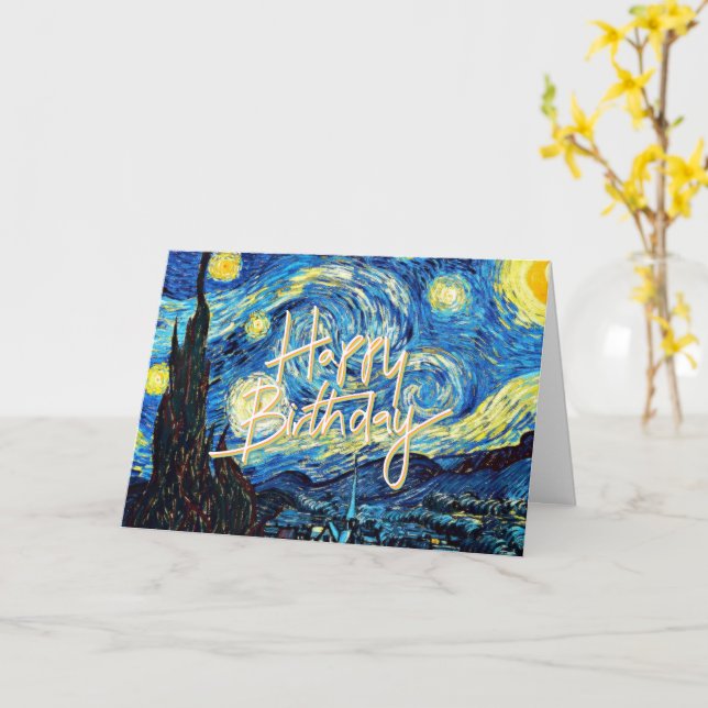 Carte Joyeux anniversaire, Starry Night art, (Fleur jaune)