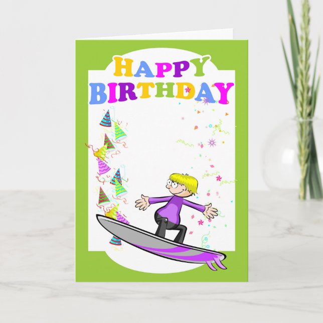 Carte Joyeux anniversaire, surfer extrême (Devant)