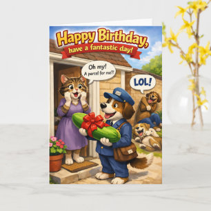 Carte Joyeux anniversaire, surprise, colis de concombre