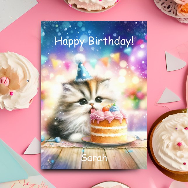 Carte Joyeux Anniversaire Sweet Kitty Avec Gâteau Person (Purrfect celebration: Sweet kitty, cake, joy. Personalize for unforgettable birthday wishes!)
