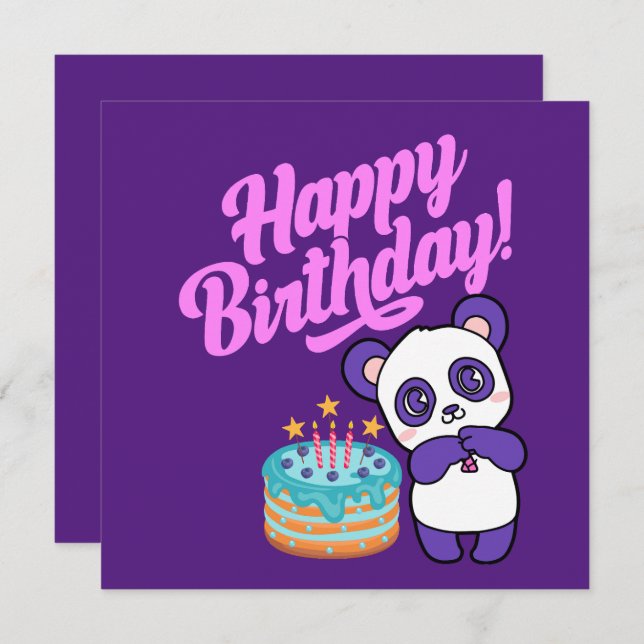 Carte Joyeux anniversaire Sweet Purple Panda (Devant / Derrière)