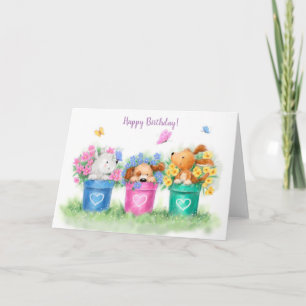 Carte Joyeux anniversaire, trois chiens dans trois pots 