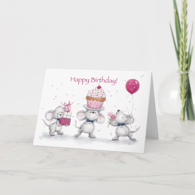 Carte Joyeux anniversaire, trois souris qui profitent d' (Devant)