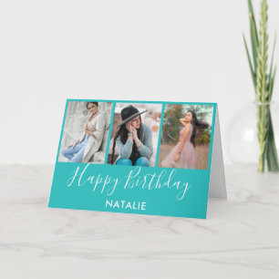 Carte Joyeux anniversaire Turquoise et blanc 3 photo Col
