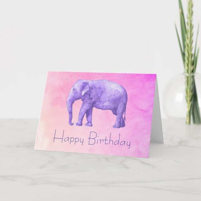Carte Joyeux Anniversaire violet Eléphant sur rose (Devant)
