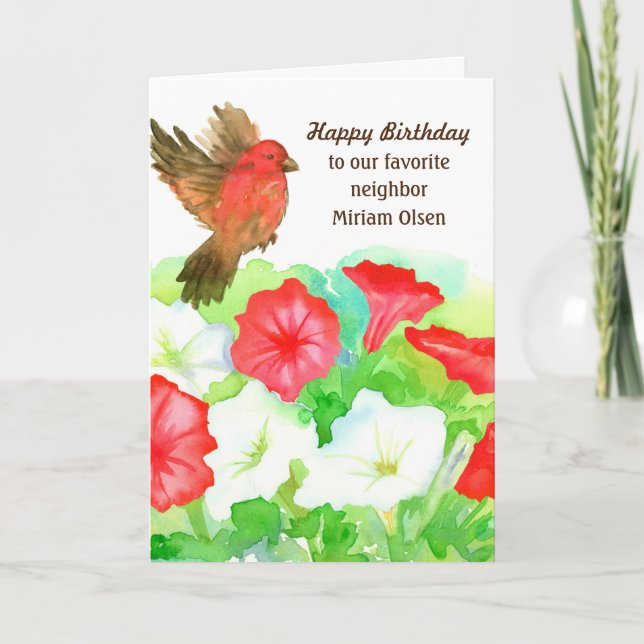 Carte Joyeux Anniversaire Voisin Red Petunias Finch Bird (Devant)