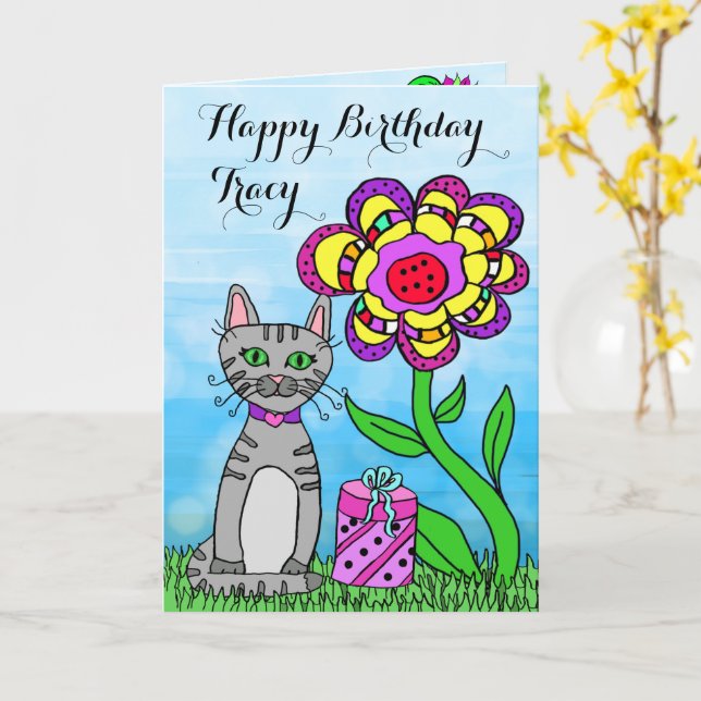 Carte Joyeux anniversaire Whimsical Chat et Fleurs (Fleur jaune)