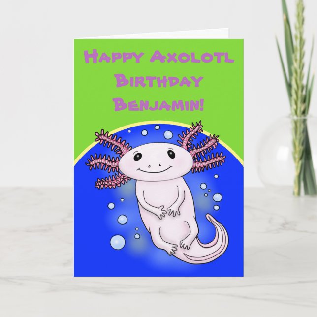 Carte Joyeux axolotl anniversaire bleu bulles dessin ani (Devant)