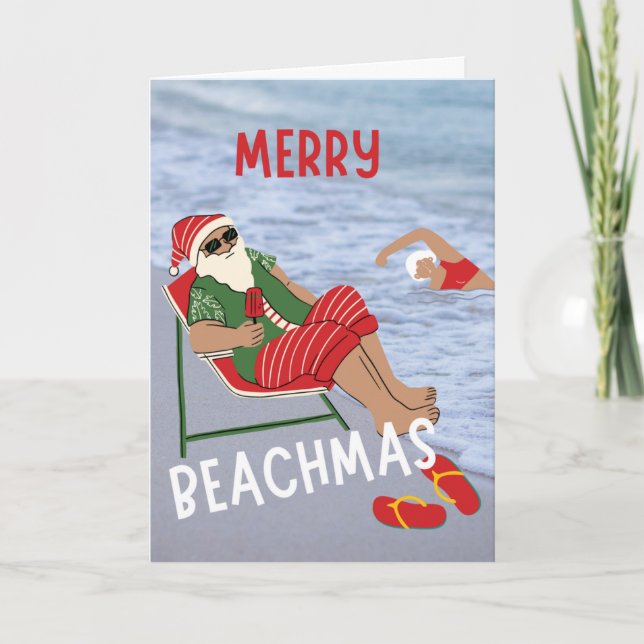 Carte Joyeux Beachmas Père Noël sur la plage Noël (Devant)
