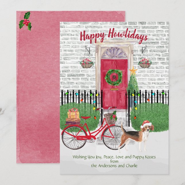 Carte Joyeux Beagle de vacances Vélo Porte rouge (Devant / Derrière)