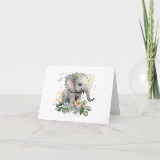 Carte Joyeux bébé aquarelle éléphant avec fleurs BLANC (Devant)