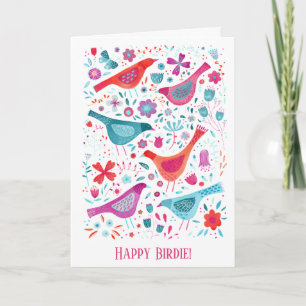Carte Joyeux Birdie Aquarelle Oiseau et Fleur Anniversai