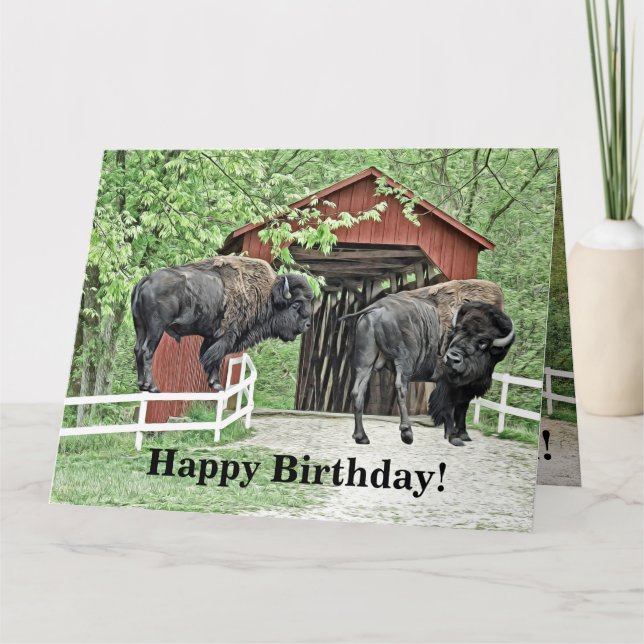 Carte Joyeux Bison Bull Anniversaire Au Pont Couvert (Devant)
