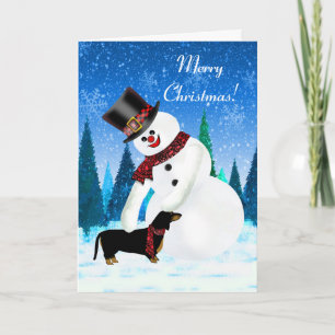 Carte Joyeux bonhomme de neige de Noël et Dachshund