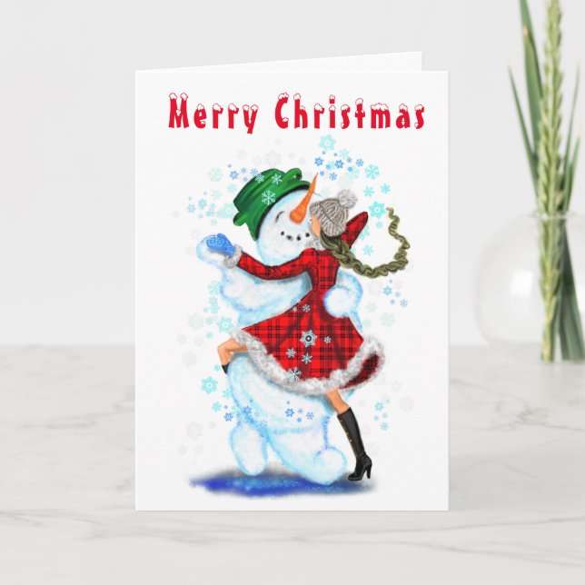 Carte Joyeux bonhomme de neige et danse de fille Tango J (Devant)