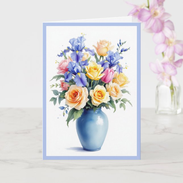 Carte Joyeux Bouquet d'Anniversaire de Daffodils Roses & (Orchidée)