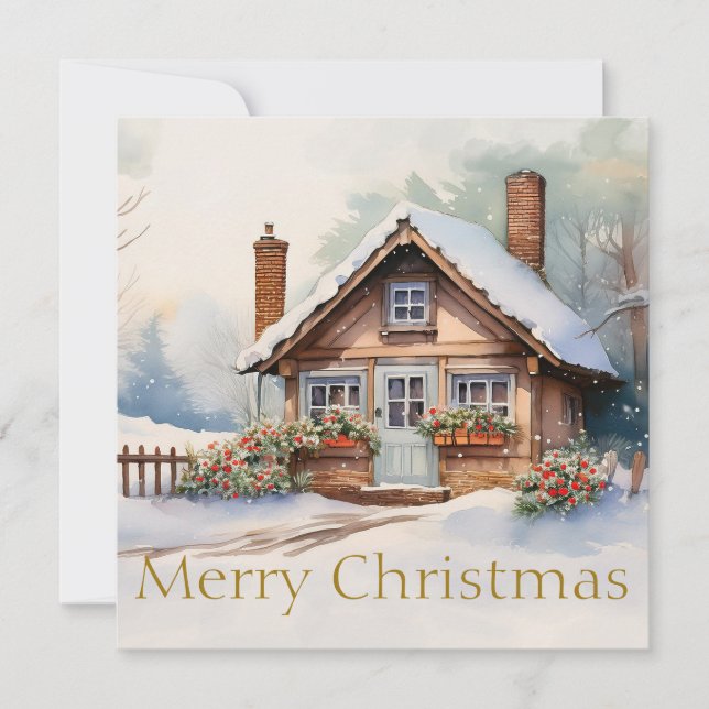 Carte Joyeux Cabine de Noël dans un paysage enneigé (Devant)