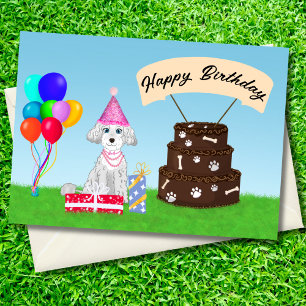 Carte Joyeux caniche d'anniversaire avec gâteau d'annive