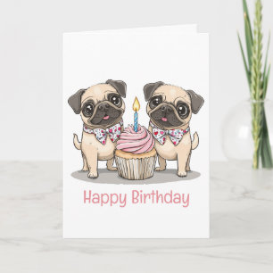 Carte Joyeux Carlin d'anniversaire Chiens Cupcake