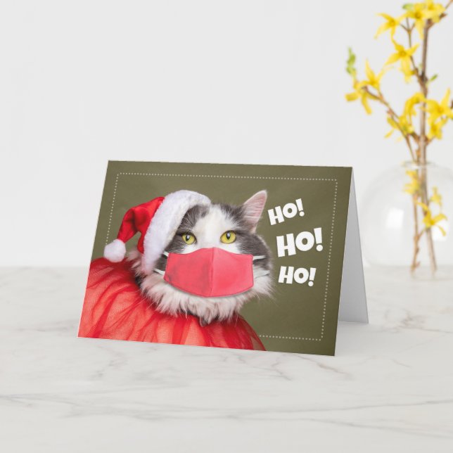 Carte Joyeux chat de Noël en tenue de Père Noël et masqu (Fleur jaune)