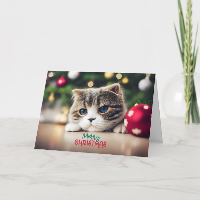 Carte Joyeux chat de Noël mignonne aux yeux bleus (Devant)